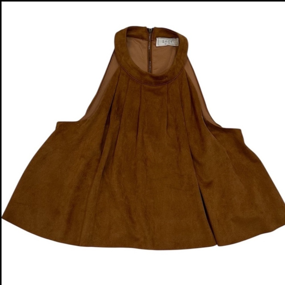 Sage The Label Brown Asymmetrical Pleated Blouse sleeveless Size Small - Picture 11 of 11